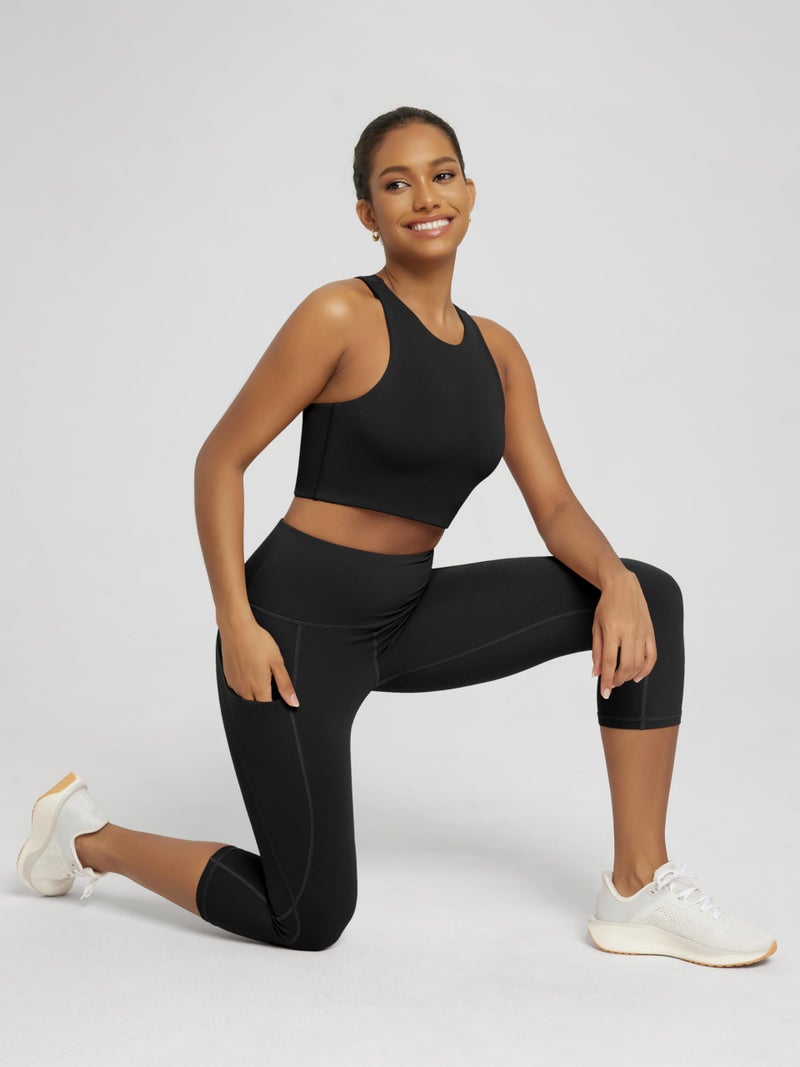 ODODOS Women's High Waisted Yoga Capris with Pockets,Tummy Control Non See Through Workout Sports Running Capri Leggings, Black,X-Large - Image 2